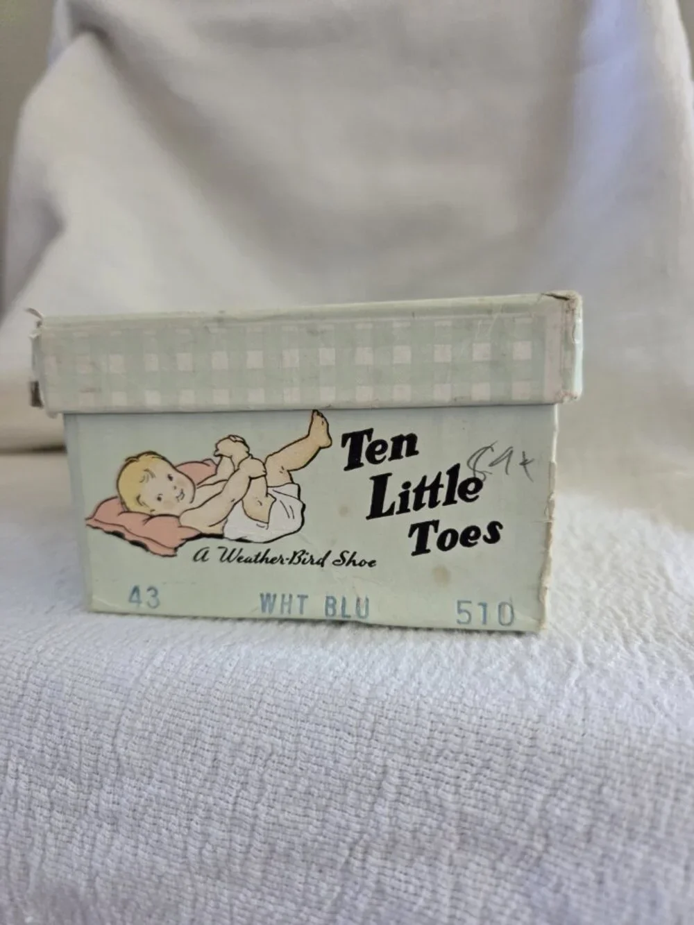 White Blue Leather Baby Booties Pair Vented Toe Infant Vintage w/box